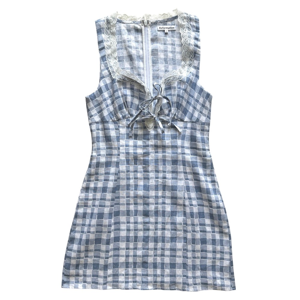 Reformation Reia Linen Mini Dress Jodie | Blue Gingham 4 - Picture 4 of 11